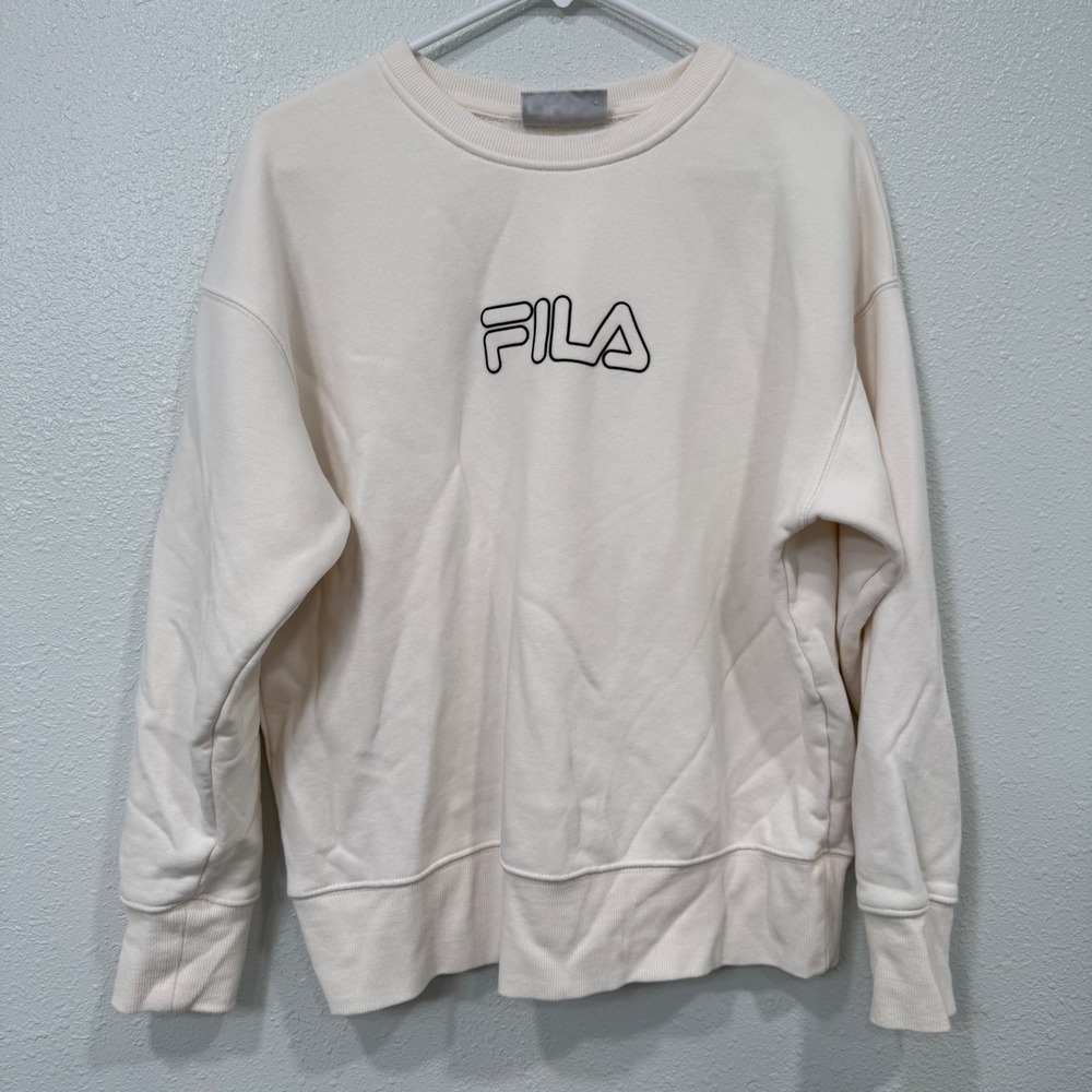 FILA Womens Cream Off White‎ Embroidered Logo Crewneck Sweatshirt Large